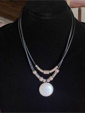 Black Multi-Strand Cord Necklace with Iridescent White Pendant